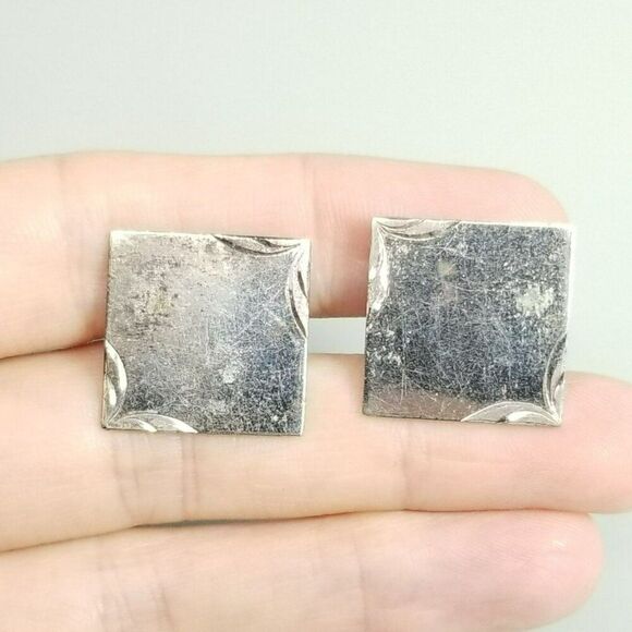Vintage LaMode Sterling Silver Square Etched Bullet Back Cufflinks, Estate - Picture 2 of 8
